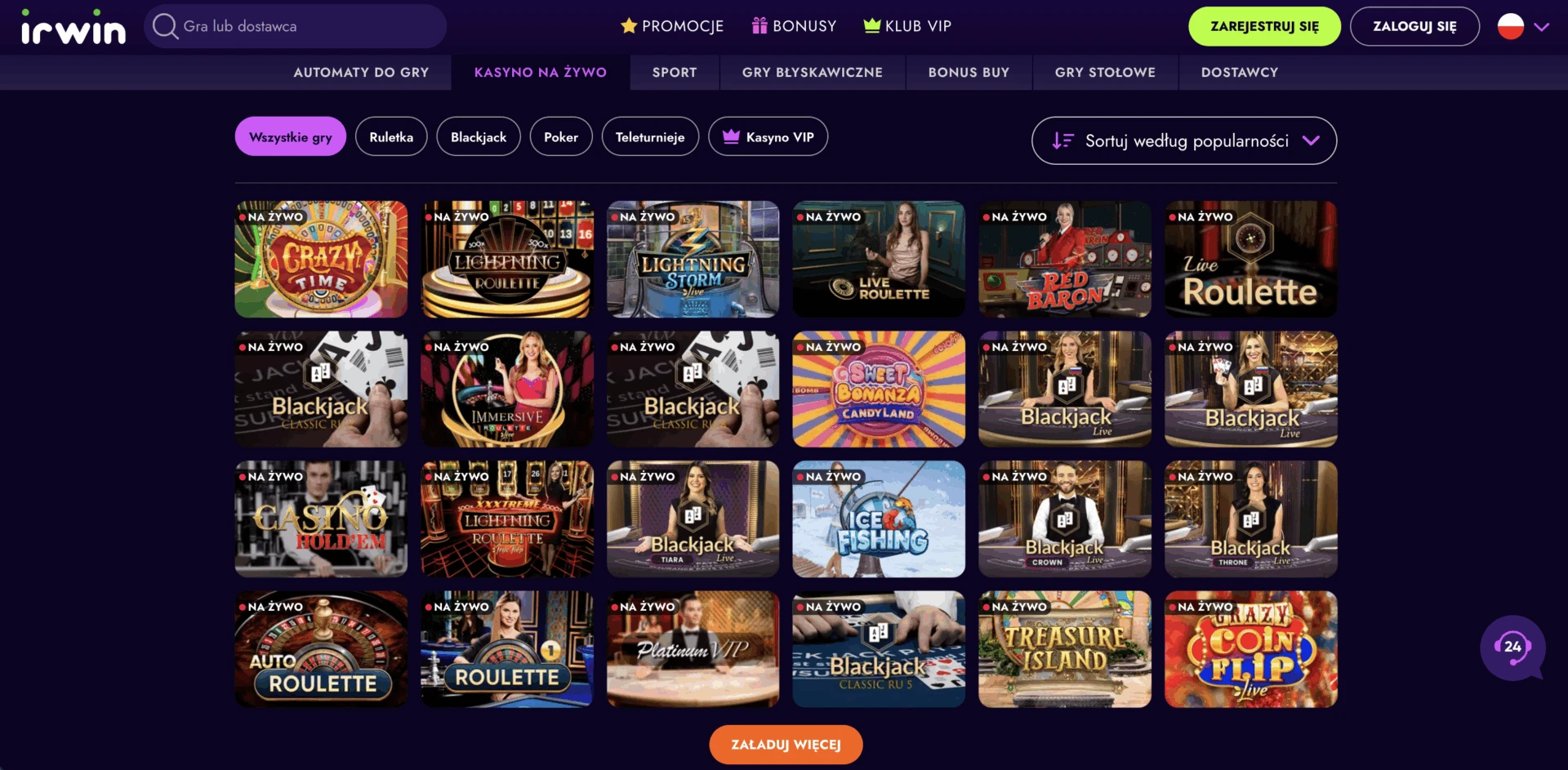 Kasyno na żywo z ruletką i blackjackiem na Irwin Casino