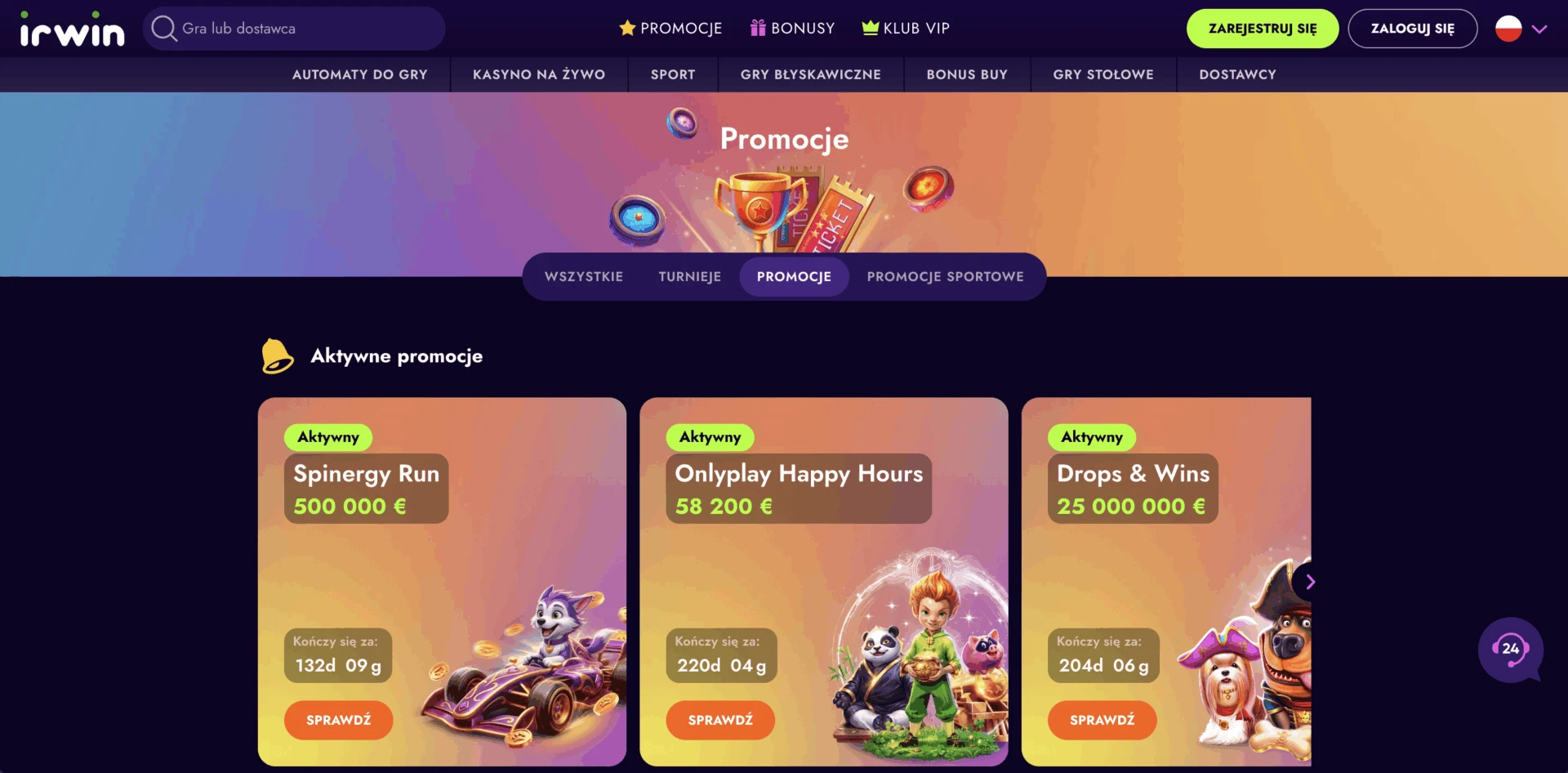Aktywne promocje i turnieje na Irwin Casino