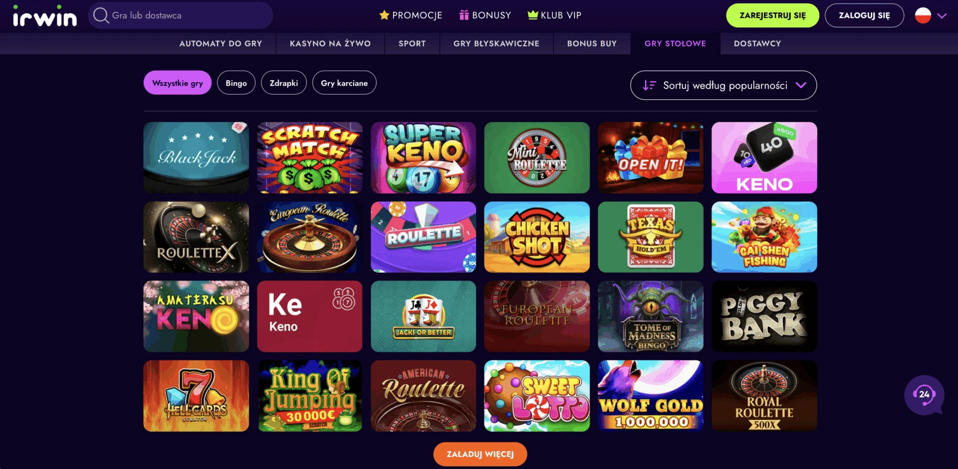 Gry stołowe i ruletka dostępne na Irwin Casino